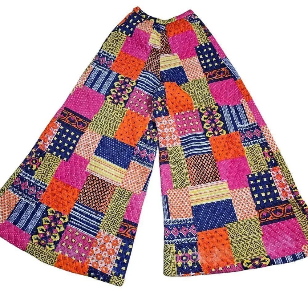Vintage 60s Elephant Bell Bottom Pants Womens Size XS Quilted Groovy Pink Orange